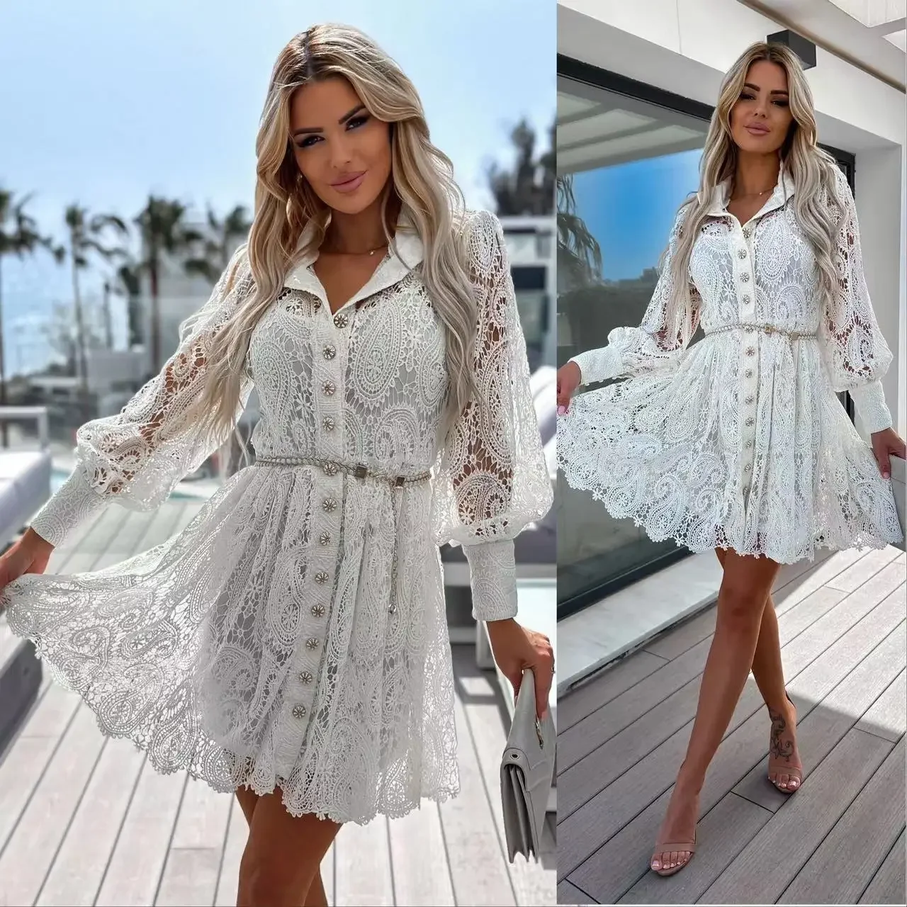 Fashion Womens Dresses New Lace Hollow Out Casual Commuter Long Shirt Dress for Women