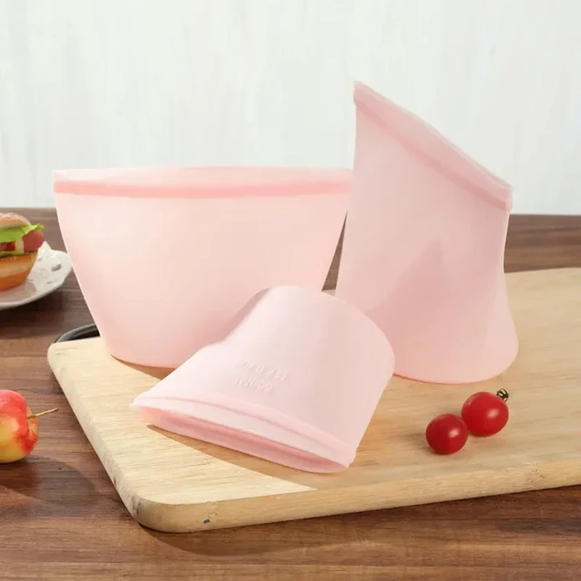 Sac de rangement des aliments en silicone, sac réutilisable debout, sac à fermeture éclair, étanche, beaucoup de sacs frais, sac de rangement des aliments frais, sac rond à fermeture éclair, 3 pièces 4