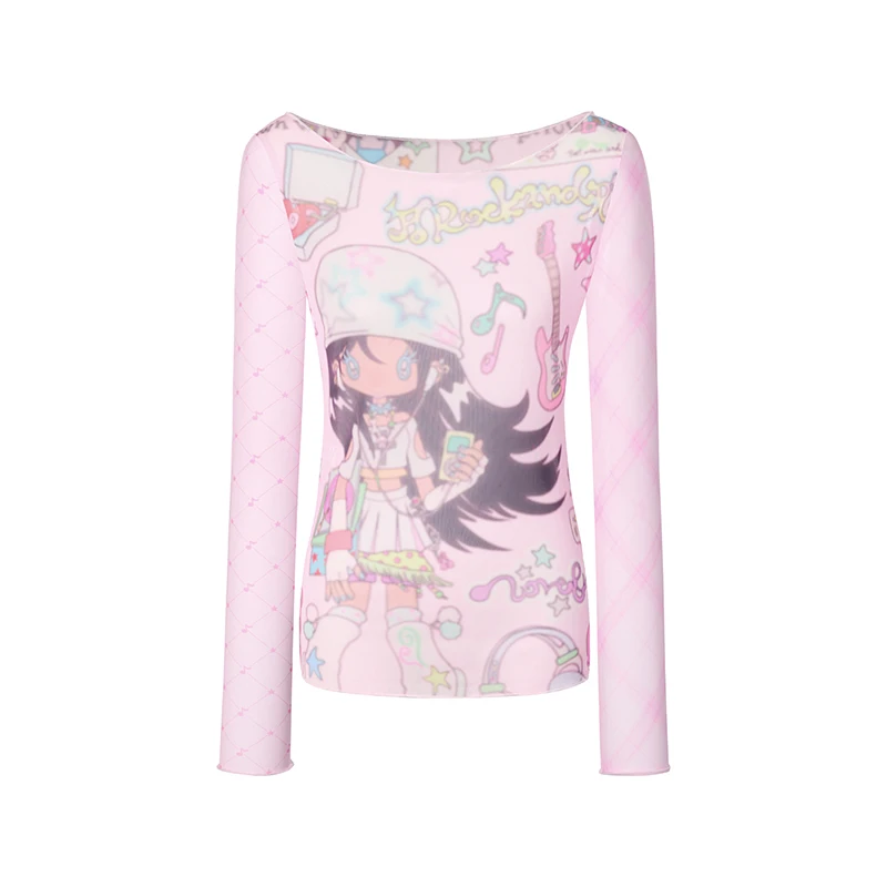 Karrram Japanese Y2k Anime Print Mesh Tops 2000s Aesthetics