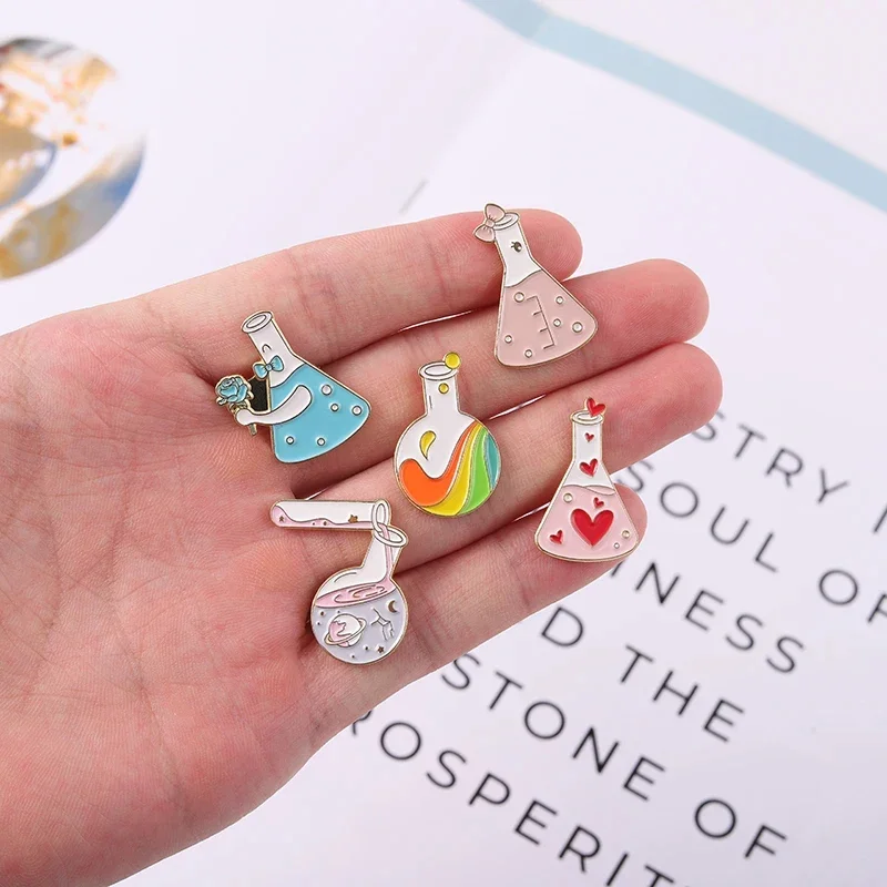 Science Chemistry Beaker Element Brooch Enamel Pin Molecular DNA Structure Equation Brooch Lapel Badge Cartoon Jewelry Accessory