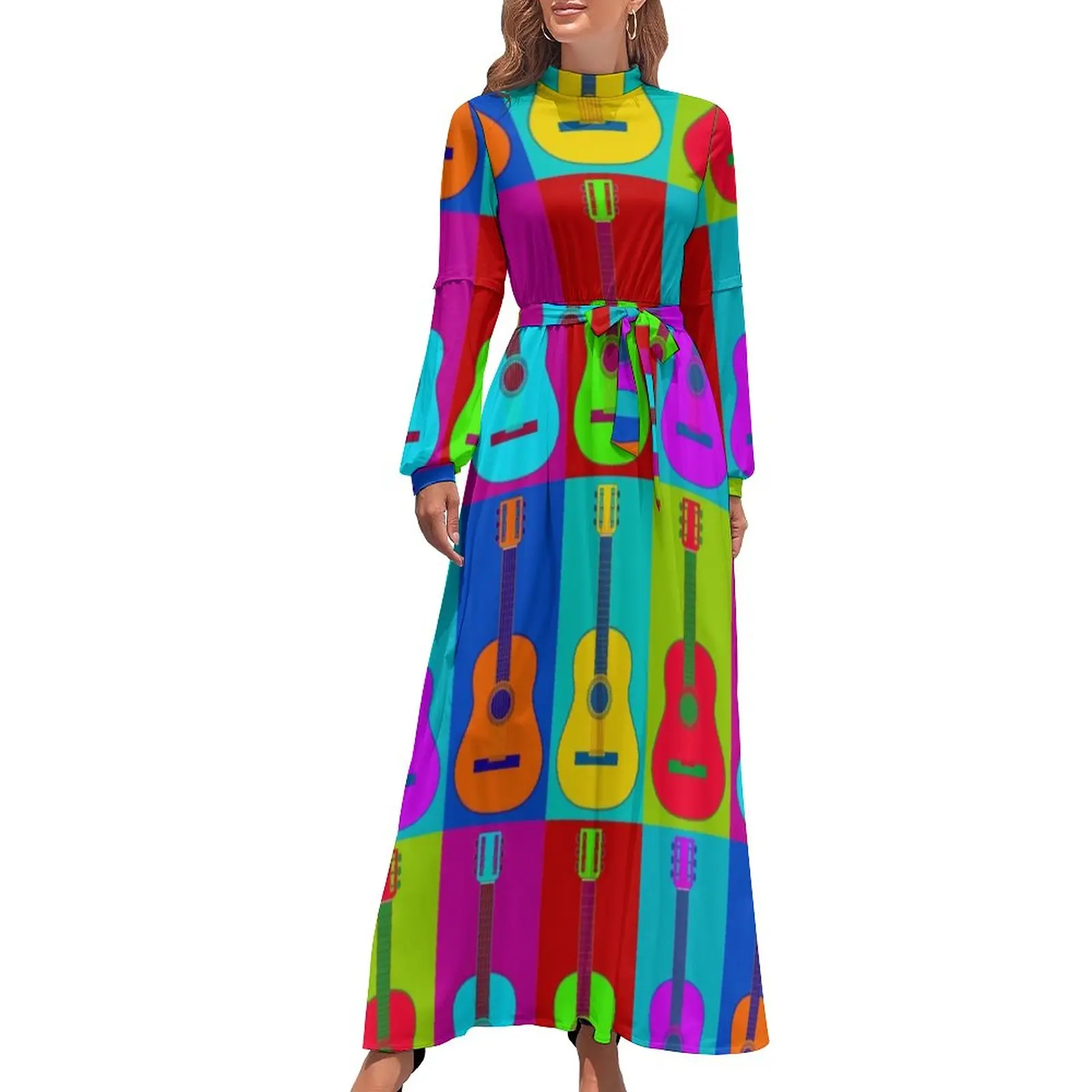 

Modern Pop Art Dress Guitarhol Print Street Wear Beach Dresses Women Long-Sleeve High Neck Sexy Long Maxi Dress