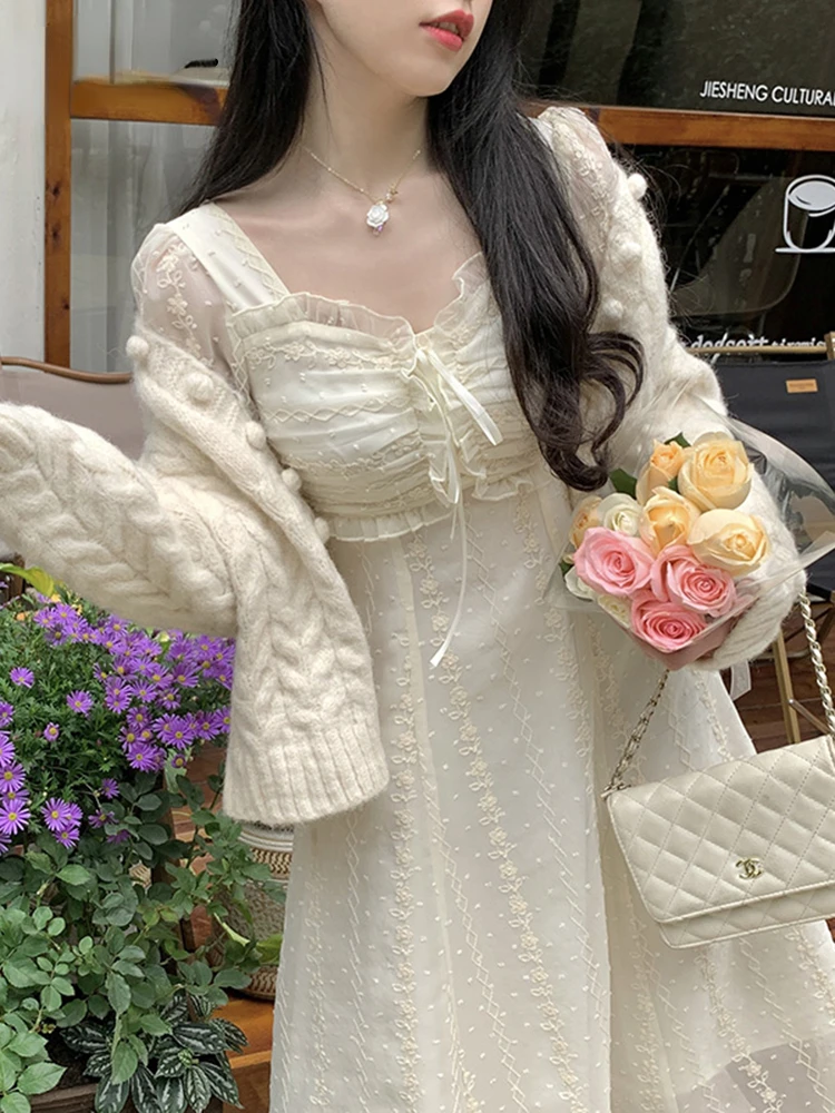 

Elegant Midi Dress Women Pure Color Casual Long Sleeve Fairy One Piece Dress Korean Vintage Lace Dress Female 2022 Summer