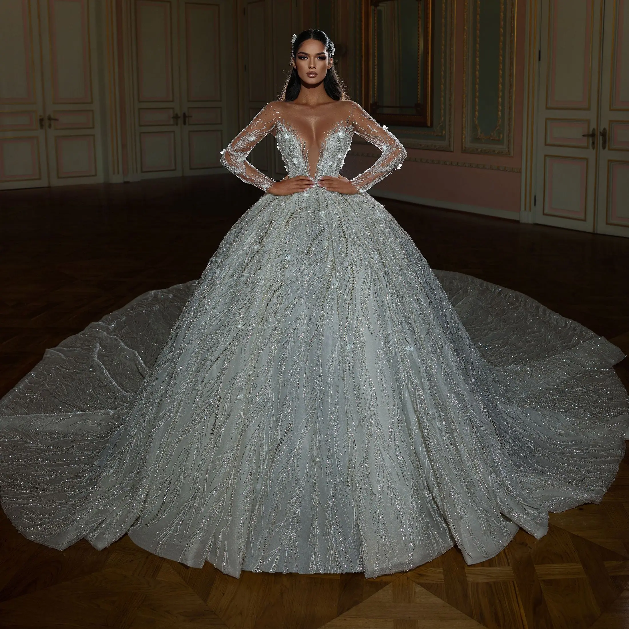 

Arabic Retro Illusion Ball Gowns Deep V Neck Sequined Wedding Dress Custom Made Lace Cathedral Train Glitter Vestido de novia