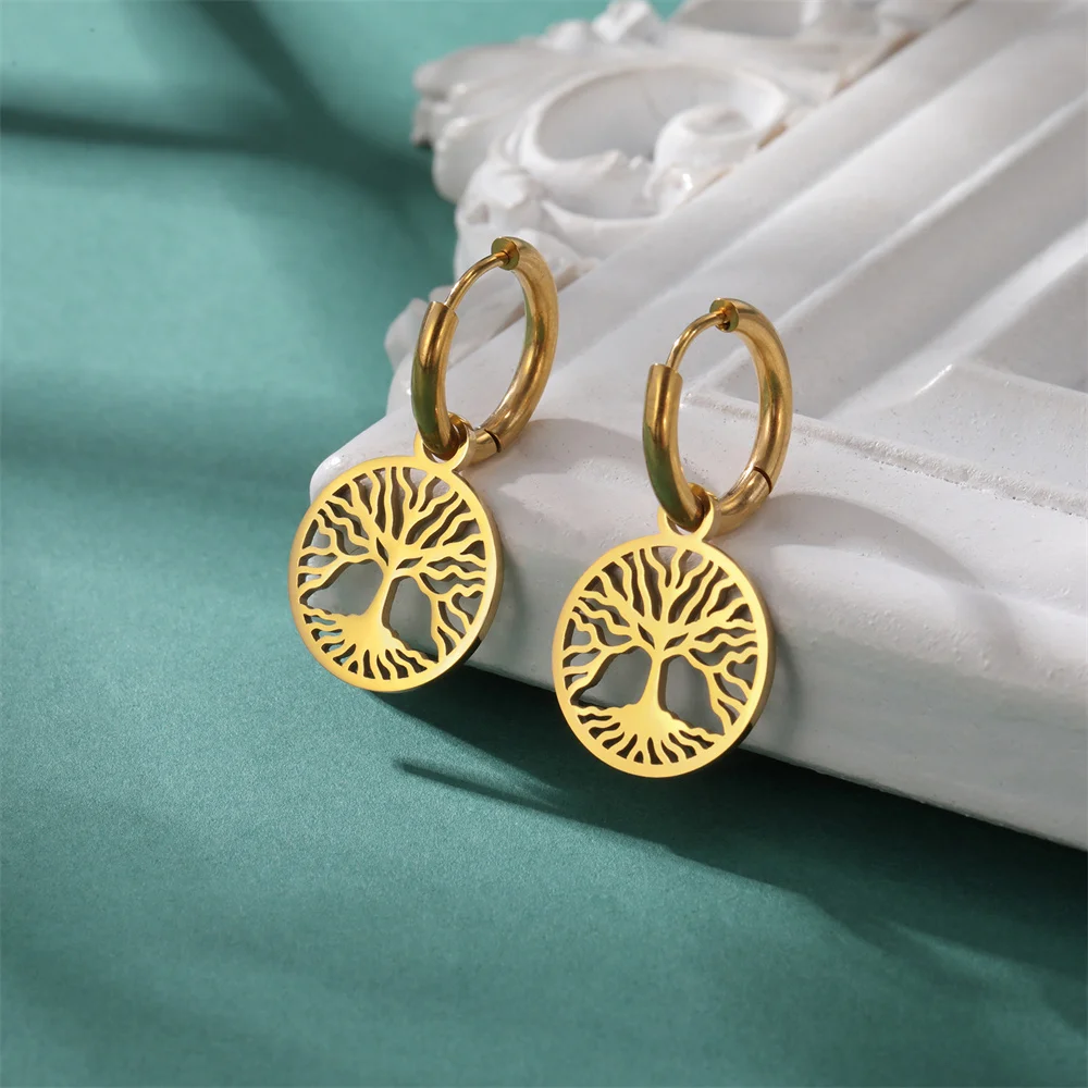 EUEAVAN Round Tree of Life Stainless Steel Drop Earrings for Woman Girls 2023 Trendy Good Luck Earring Amulet Jewelry Party Gift 3