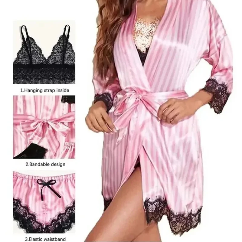 Damesmode Pyjama Print Sexy Kant Trim Kunstzijde Satijn Pyjama Set Jurk Huidvriendelijk Comfort Loungewear Sexy Pyjama's_voghion.com