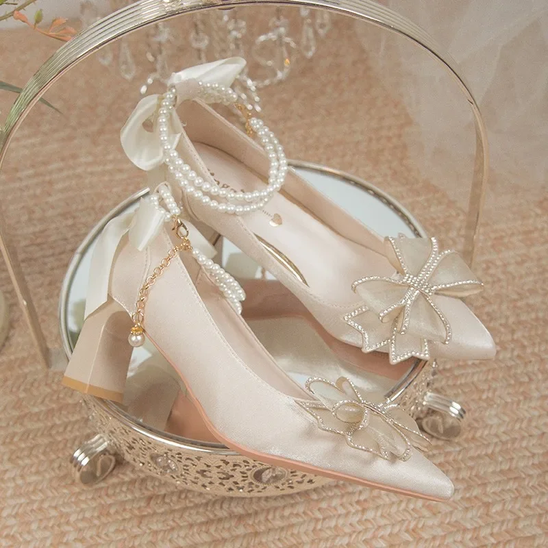 Bridal Shoes 2024 New Flower High Heel Pumps Women Elegant Pearl Strap Wedding Party Shoes Woman Silk Pointed Toe 5