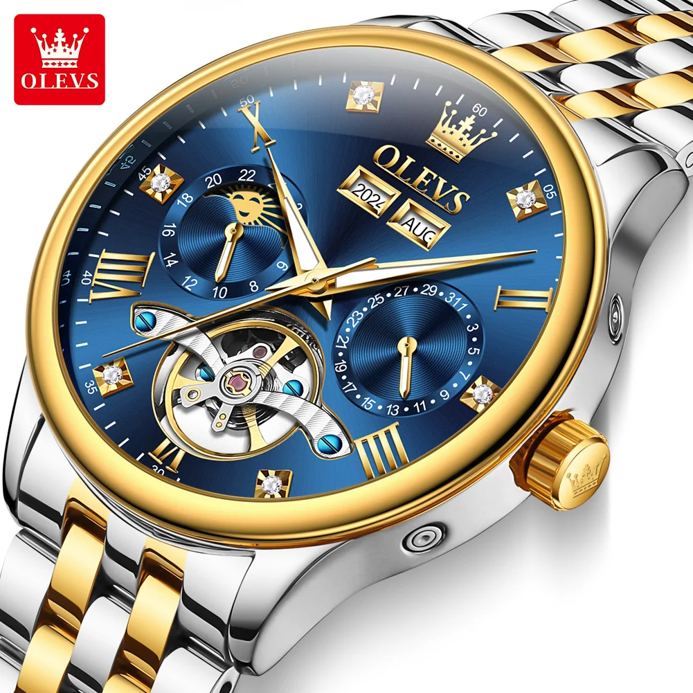 OLEVS 7023 Man Watch Moonswatch Mechanical Watch For Men Hollow Skeleton Luxury Auto Date Men's Wristwatch Waterproof Luminous