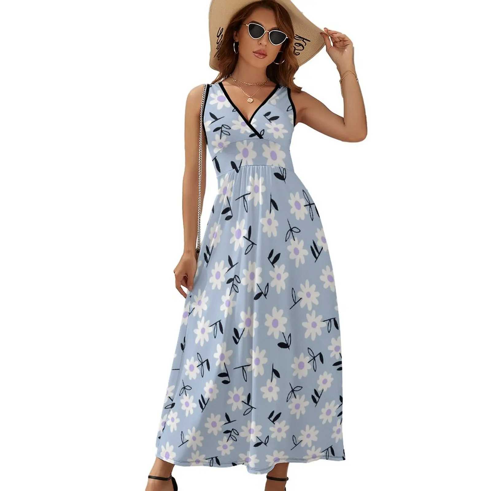 

Daisies Flowers Dress Summer White Floral Print Korean Fashion Bohemia Long Dresses Female High Waist Custom Elegant Maxi Dress