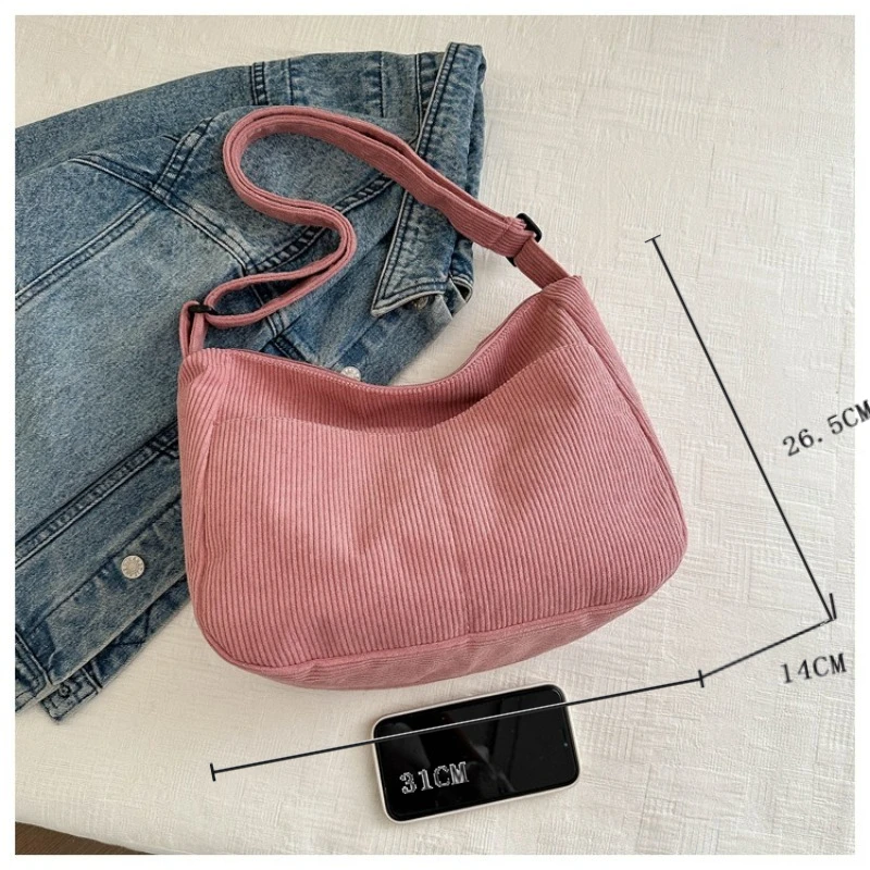 Women’s Corduroy Shoulder Bag Vintage Striped Large Capacity Tote with Zipper Closure Fashionable Crossbody Purse for Daily Use 5
