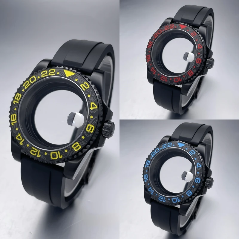 All-Black Sub Style Watch Case with Rubber Strap and Sapphire Crystal
