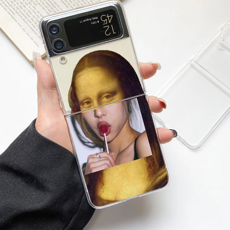 Artistic Clear Hard Folding Phone Case with David & Mona Lisa Design