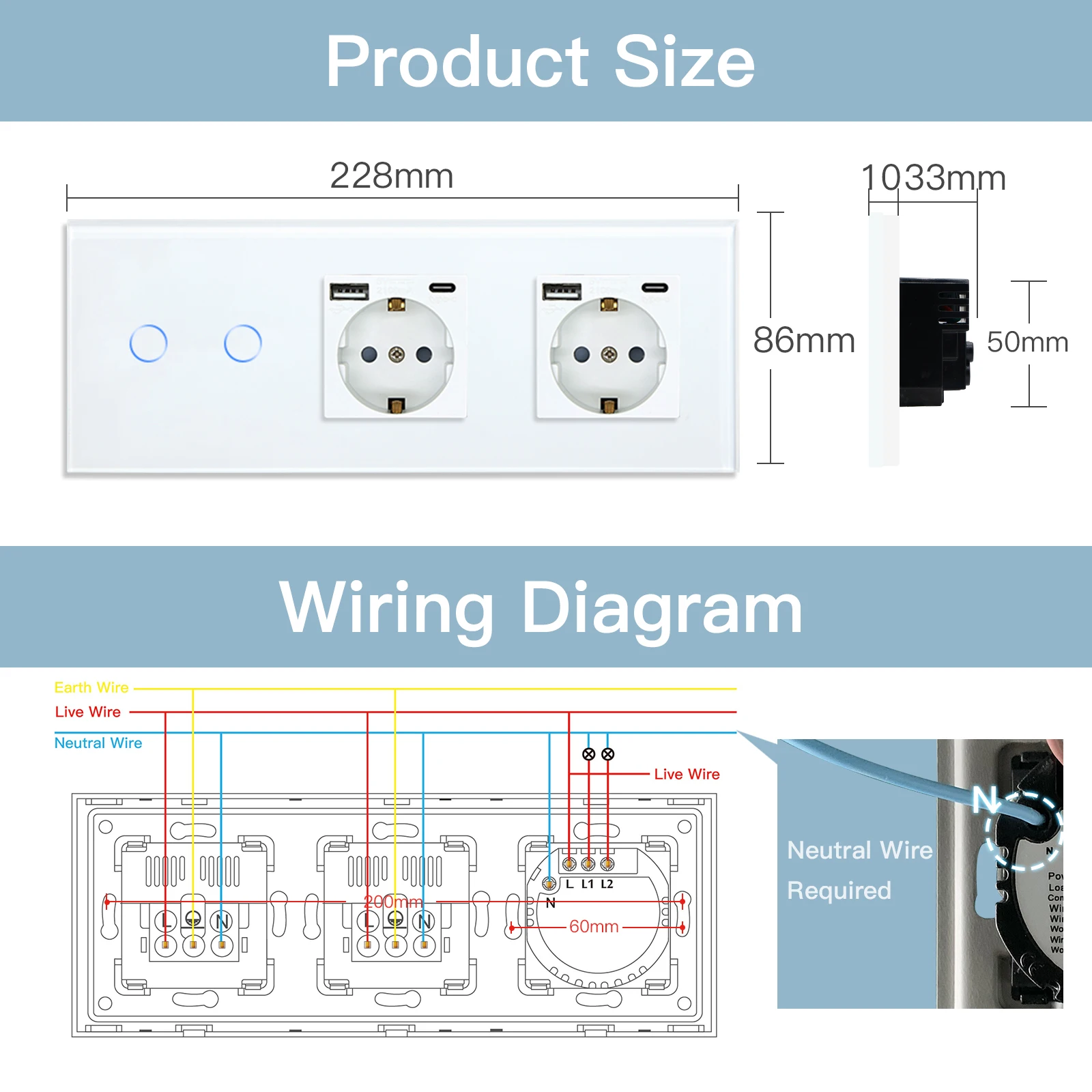 BSEED WIFI Touch Switch Smart Wall Switch 1/2/3Gang 1/2/3Way Smart Life APP Glass with Type-c EU Socket Phone Charge USB Outlets