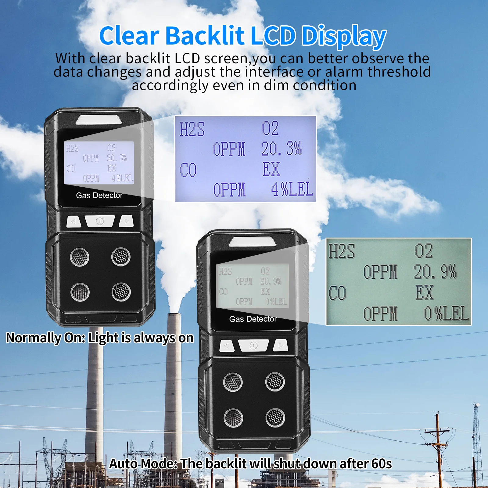 Rechargeable Portable 4 Gas Detector Multi Gas Monitor Air Quality Tester Analyz