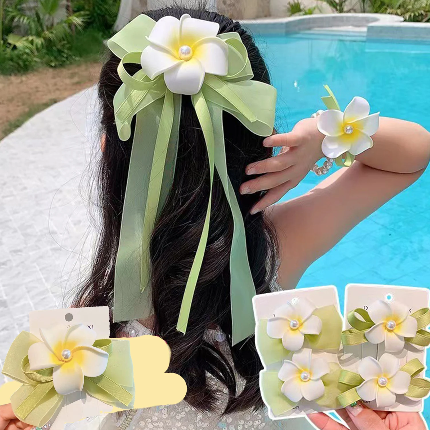 

1Pc/1Pair Egg Flower Hairpin Headwear Girls Sweet Artificial Flower Bow Ribbon Hair Clip Seaside Beach Holiday Hair Accessories