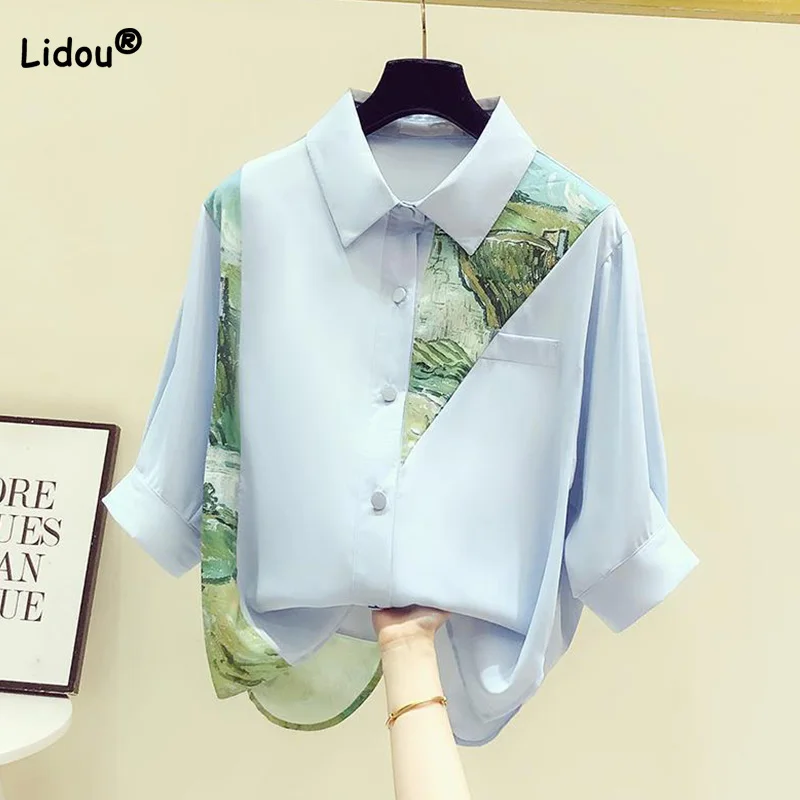 Women Button Blue Blouses 2022 Spring Summer Vintage Printing Patchwork Casual Turn-down Collar Loose Half Sleeve Chiffon Shirt