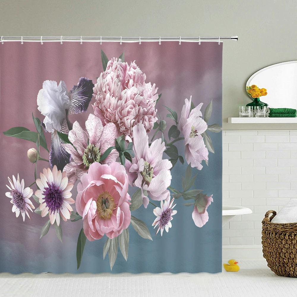 

High Quality Printed Fabric Shower Curtains Blooming Classical Flowers Bath Screens Waterproof Bathroom Decor with 12 Hooks