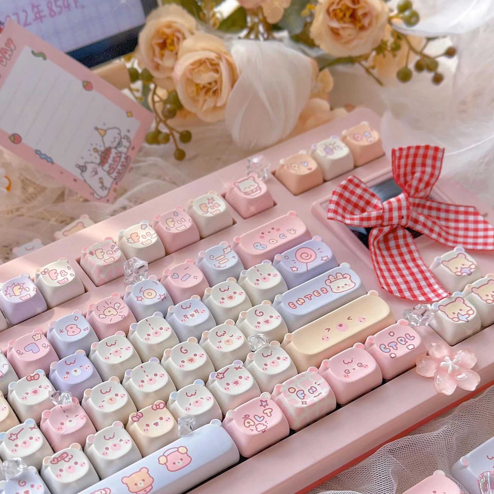 

Cute Bear Head Keycaps EAO Profile PBT Square Key Cap Thermal Sublimation Mechanical Keyboard Cat Keycap Set For Girls Gift