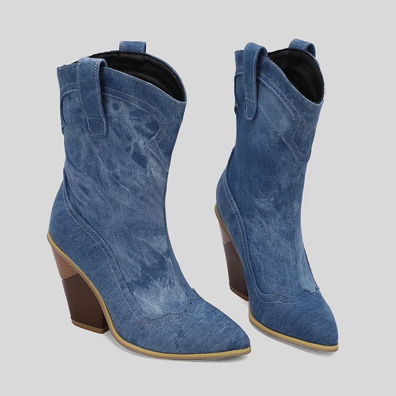 Kcenid Plus Size 48 New Ladies Pointed Toe Cowboy Boots Fashion Denim Chunky High Heels women's Boots Party Sexy Woman Shoes