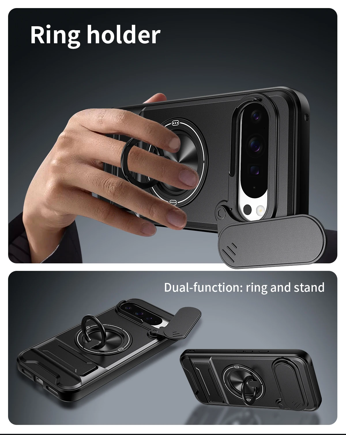 Rotatable Slide Camera Protector Case with Ring Stand - Shockproof Cover