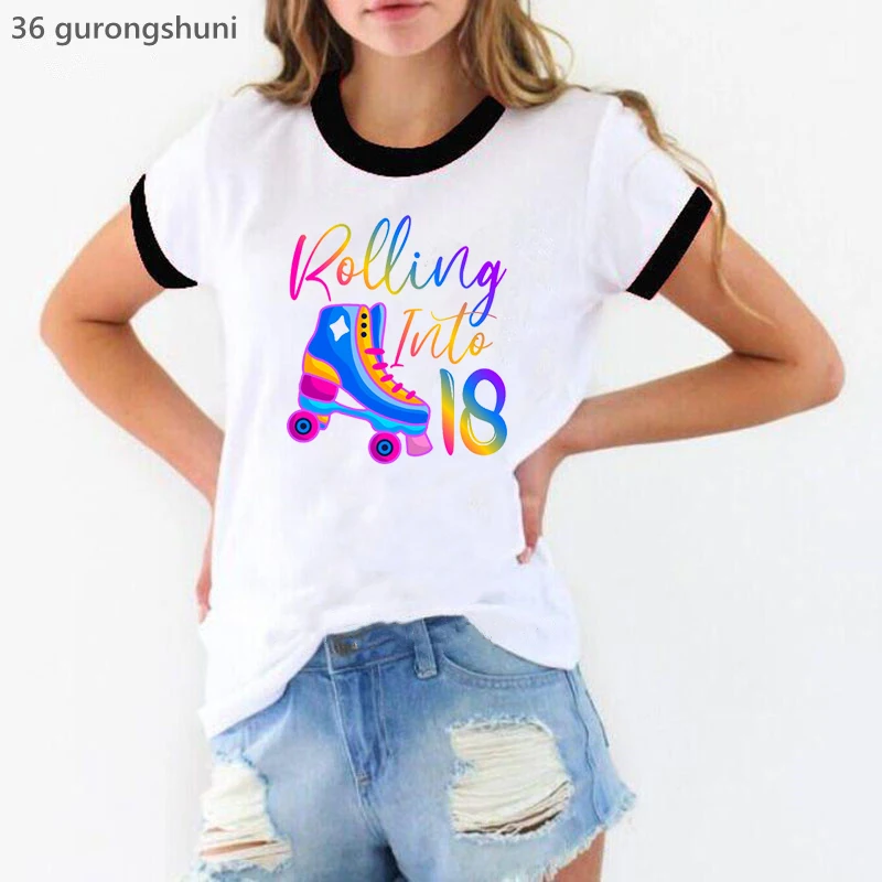 

Colorful Rolling Into 14/15/16/17/18/19 Graphic Print Tshirt Girls Roller Skating Enthusiasts T Shirt Summer Fashion T-Shirt