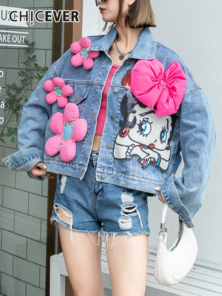 

CHICEVER Patchwork Bow Hit Color Jackets For Women Lapel Long Sleeve Spliced Embroidered Flares Cartoon Print Denim Coat Female