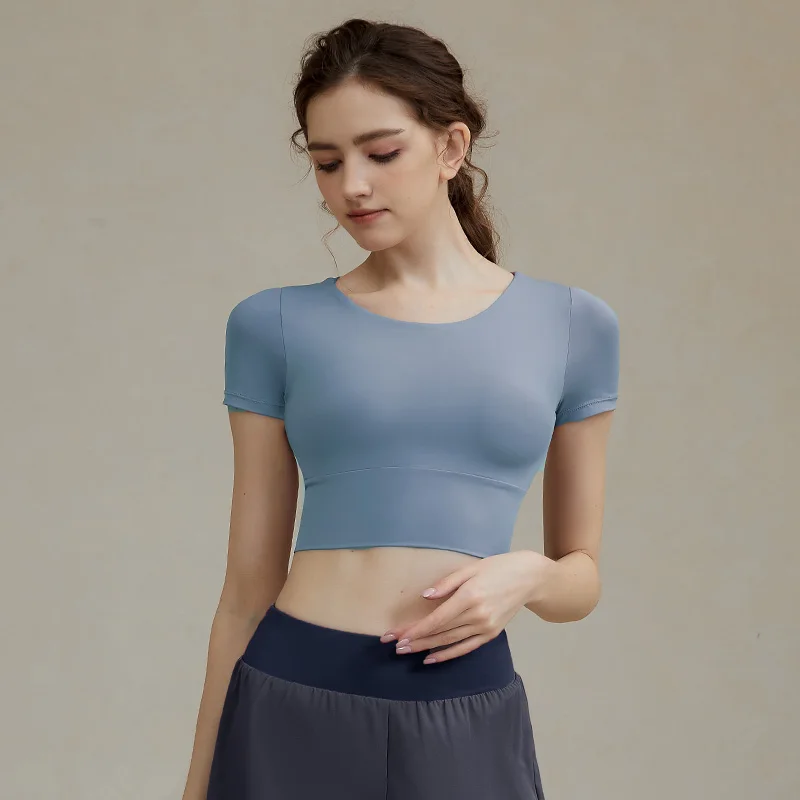 Women Yoga Shirts Workout Open Back Top Short Sleeve Crop Top