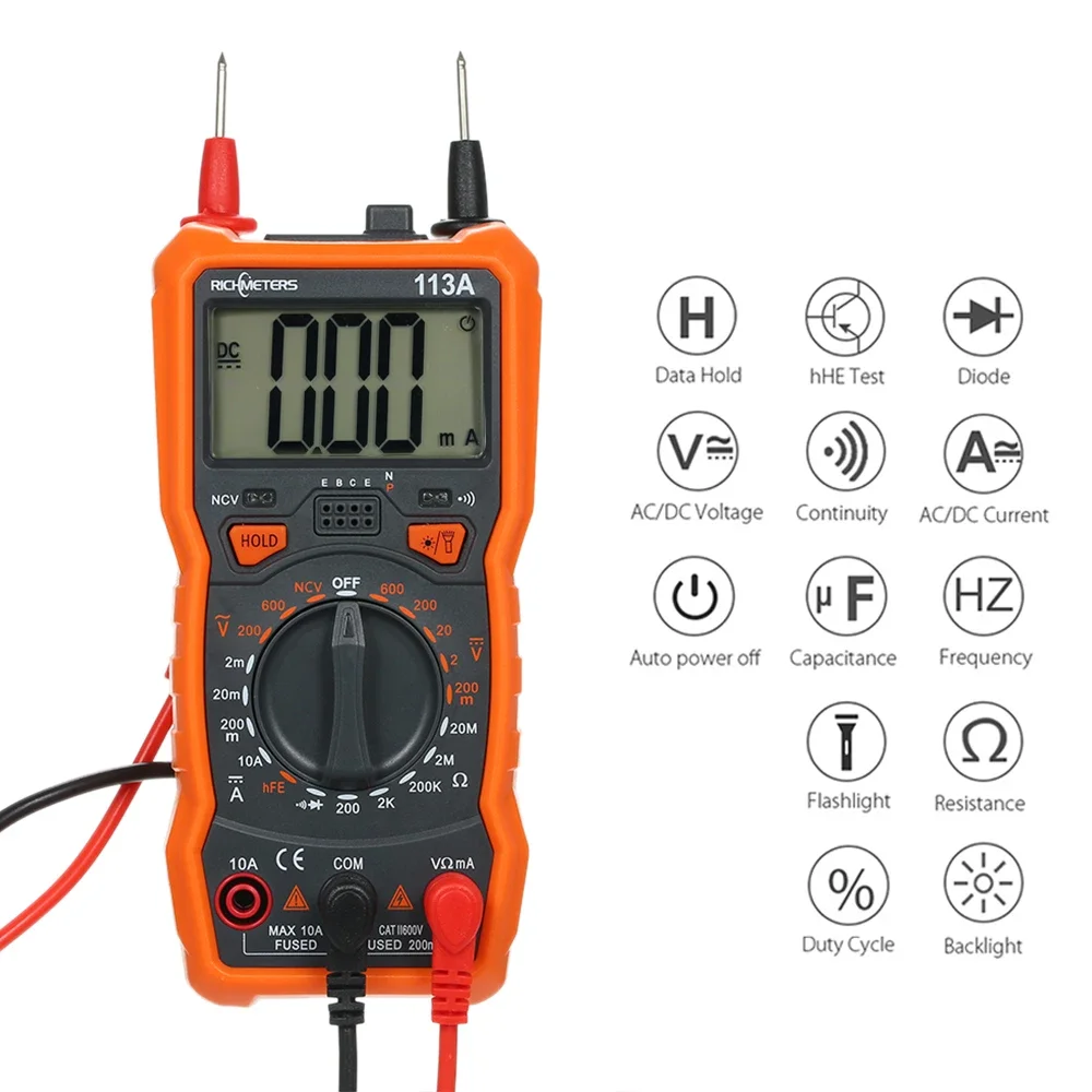 RICHMETERS Multimeter RM113D Multimetro Tester Digital Multimeter 6000 Counts Auto Ranging AC/DC Voltage Temperature Measuring
