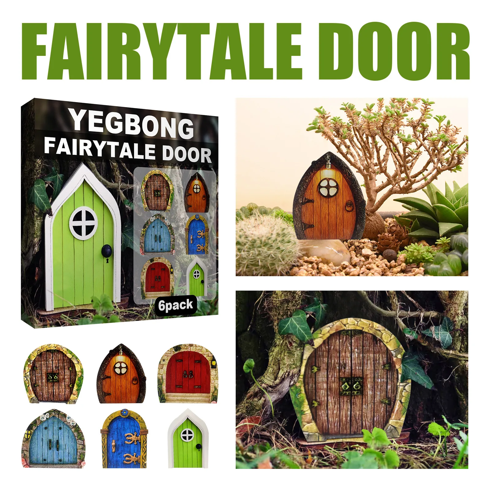 

6Pcs/set Miniature Fairy Gnome Door Window Statues Wood Elf Fairy Door Figurines for Yard Art Tree Sculpture Fairy Garden Decor