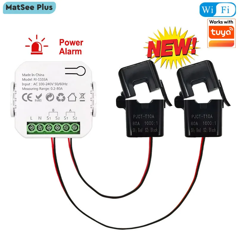 스마트 뉴 WiFi 에너지 클램프 양방향 계량기(부저 알람 포함) - 임계값 앱 모니터링, 수출/수입 전력 AC110V/240V 지원