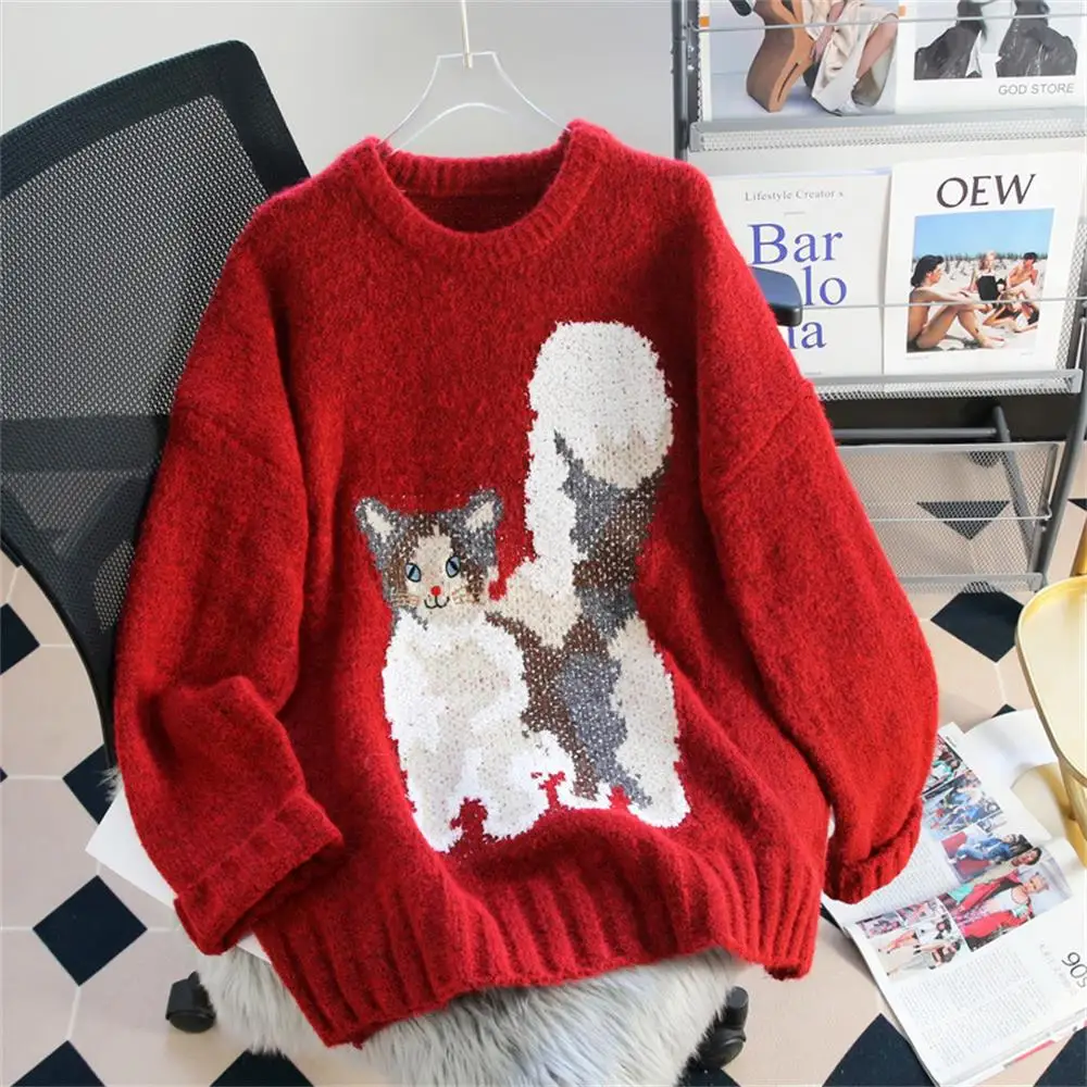

Hsa Women oneck Sweater Pullovers Red New soft waxy round neck New Year red sweater for women autumn and winter thickened Tops