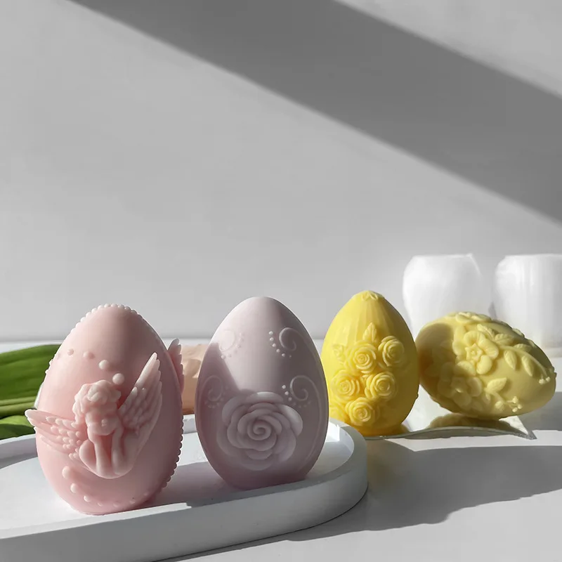 DIY 수제 비누 초콜릿 베이킹 몰드, 3D 부활절 달걀 캔들, 실리콘 몰드 천사 꽃 엠보싱