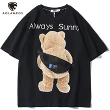 

Aolamegs Men T-shirt Furry Bear Print With Chest Bag Tee Couple College Style Casual Loose Fashion Cotton Tops Summer Streetwear