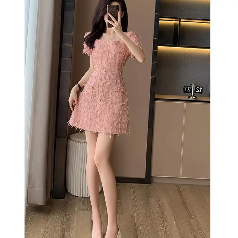 

Pink Women's Summer Tweed Short sleeved Square Neck Dress 2024 Small Fragrance Style Slimming Dress