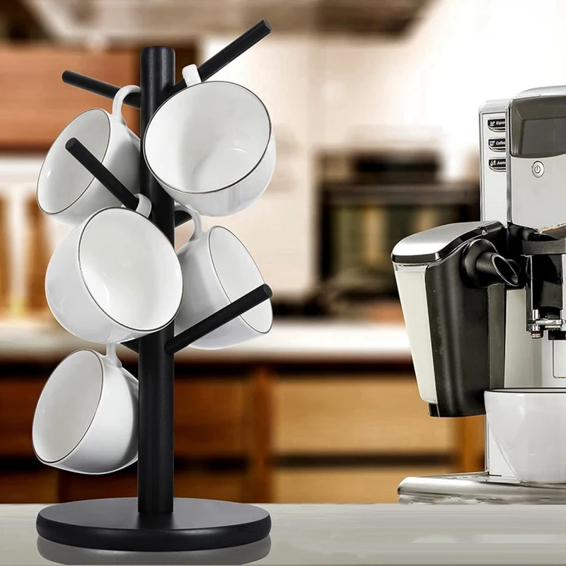 VEHO-Bamboo Coffee Cup Holder With 6 Hooks, Thickened Base Black Mug Tree, Counter Storage Rack
