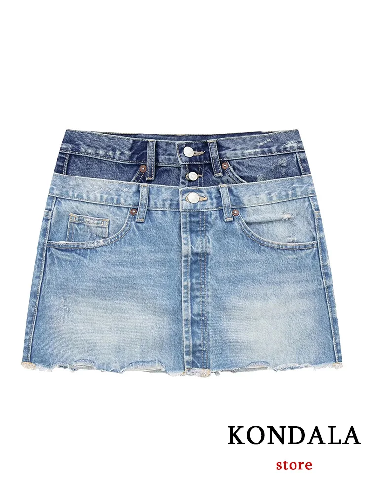 

Повседневная шикарная женская джинсовая юбка KONDALA, синяя Лоскутная Короткая облегающая прямая юбка на пуговицах с карманами, новая модель 2023
