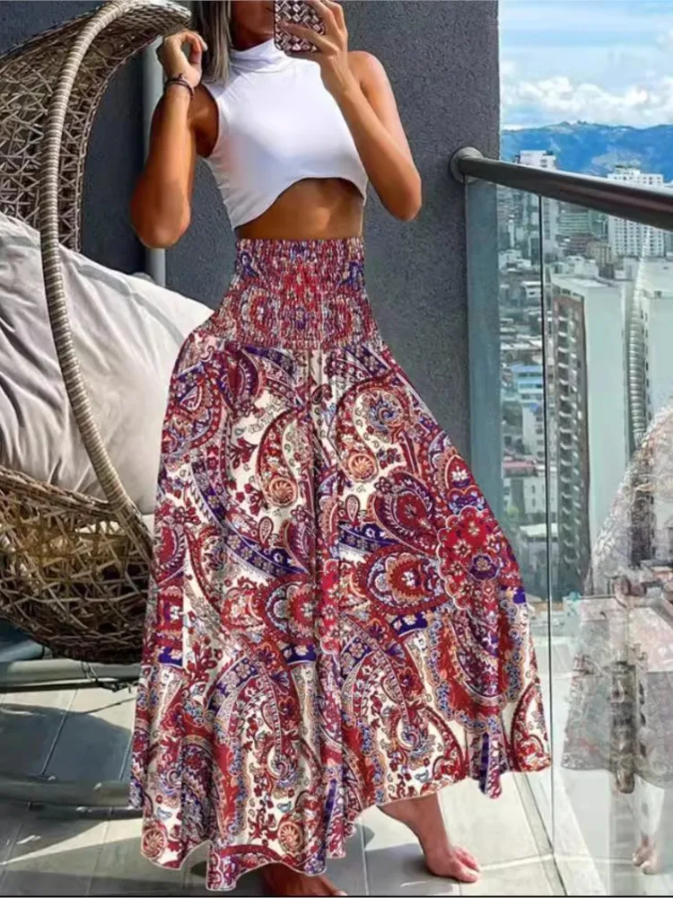 Women's Fashion Floral Print Skirt Casual High Waist Loose Long Skirts For Women Boho Holiday Beach Party Womens Clothing Summer 1