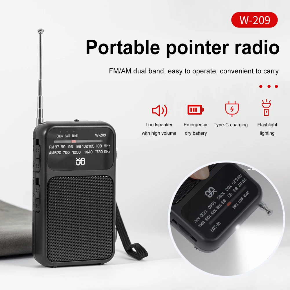 Portable Radio AM FM Radio Battery Operated Pointer Radio Built-in Speaker Headphone Jack Emergency Radio for Outdor Survival