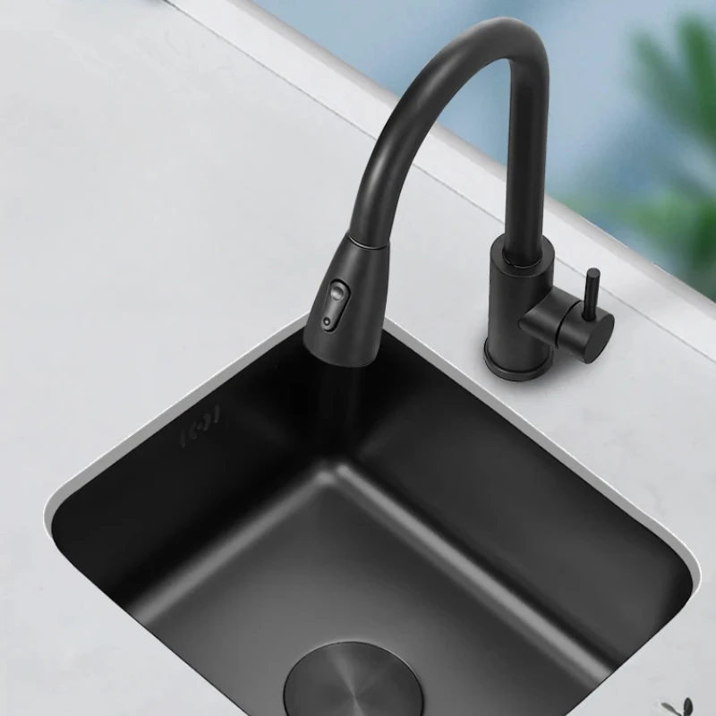 Black Nano Kitchen Sink 304 Stainless Steel Wash Basin Single Bowl Small Sink with Faucet and Drain Accessories for Home
