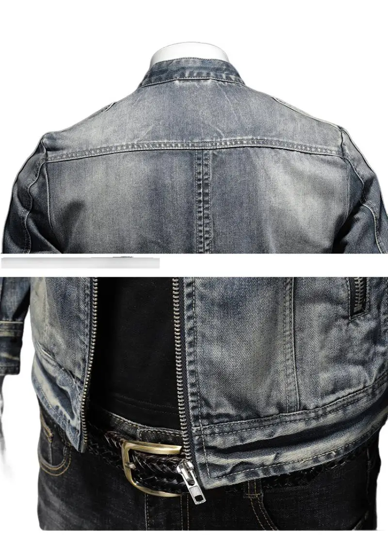 2023 Fashion Slim Fit Men's Stand Collar Zipper Harley Motorcycle Denim Jacket Solid Casual Outerwear European Size 5Xl 6Xl