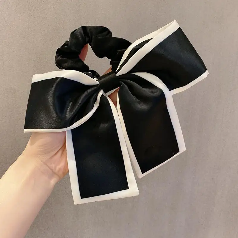 Elegant Silk Black Bow Hair Tie Scrunchie - Women's Accessory
