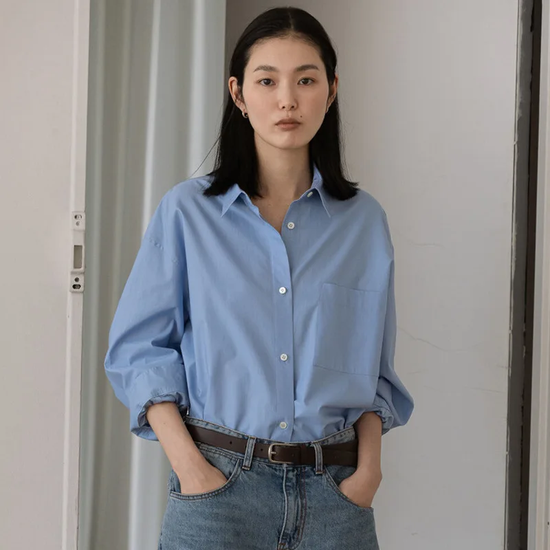 

Blue Shirt Tops for Women New Loose Long-sleeved Korean Design Winter 2023 Casual Wear Stylish Comfortable Trendy Elegant Blouse