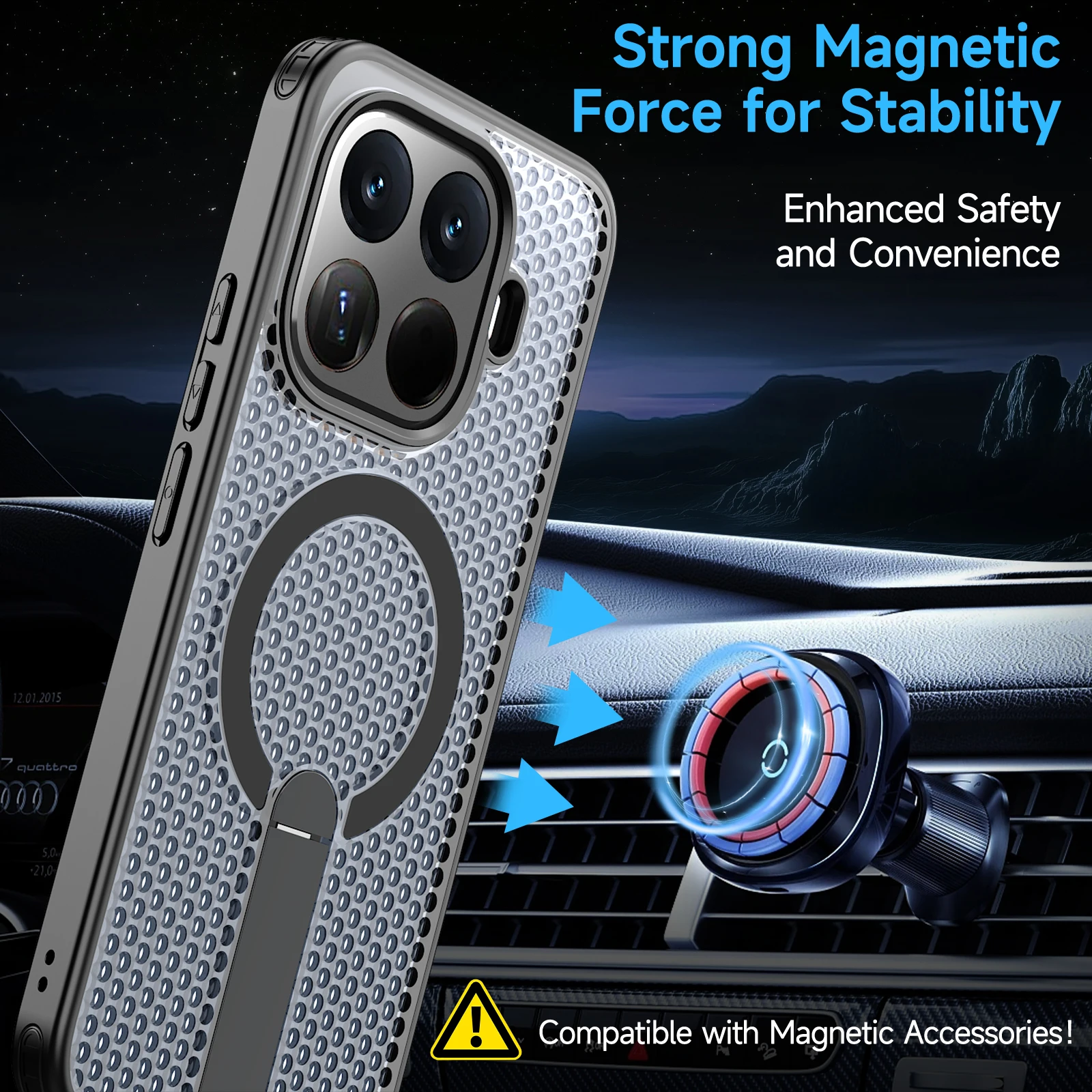 Magnetic Armor Cooling Phone Case with Metal Kickstand and Acrylic Back