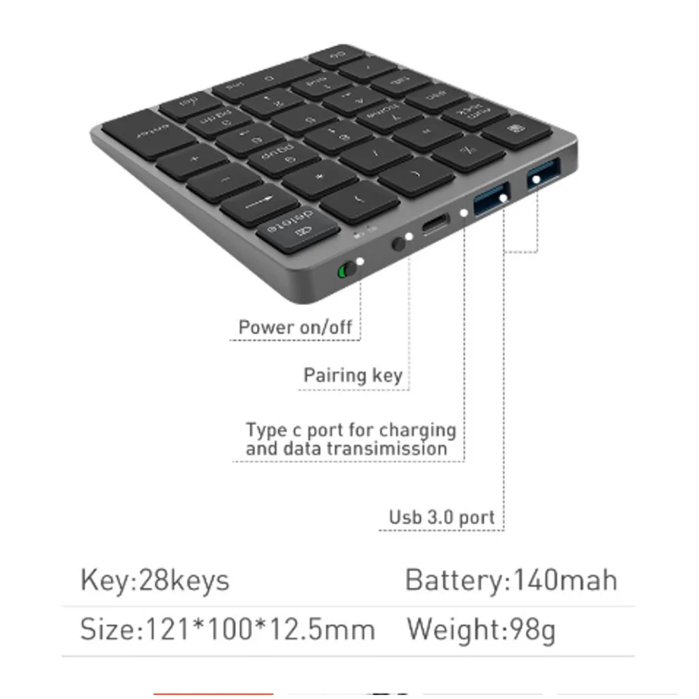 alumínio, recarregável, sem fio, com porta usb hub, para numpad, para qc