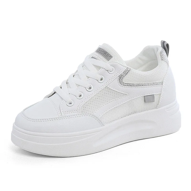 女性のカジュアルな厚底靴,快適で通気性のある厚底スニーカー,白,丸い