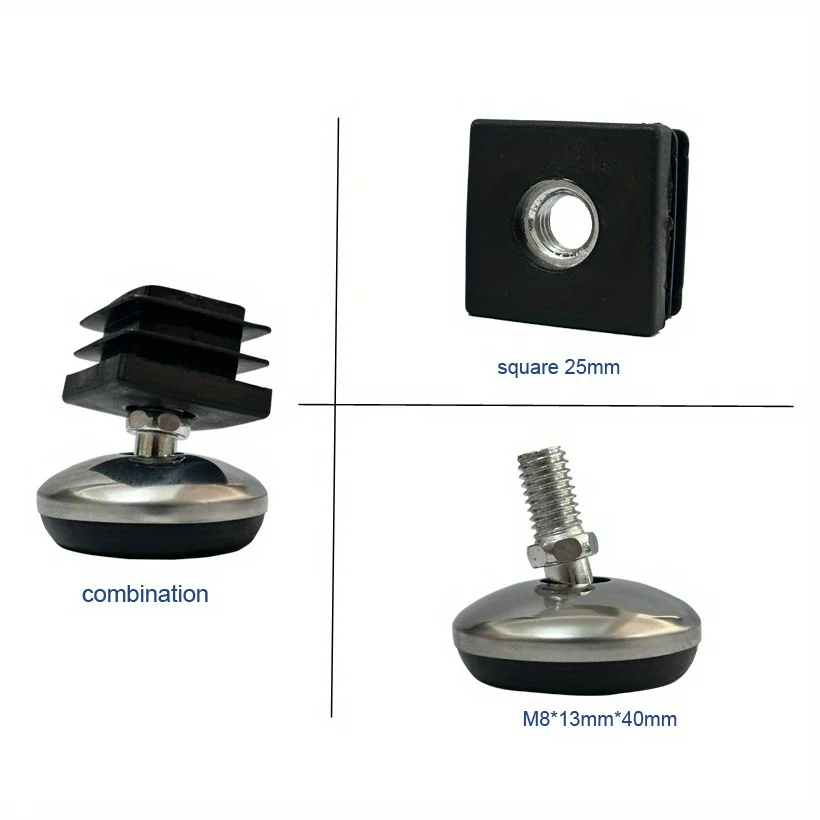 25mm furniture pipe end caps with M8 *13*40 stainless steel swing adjustment feet, 25mm square PE pipes inserted into nut plugs