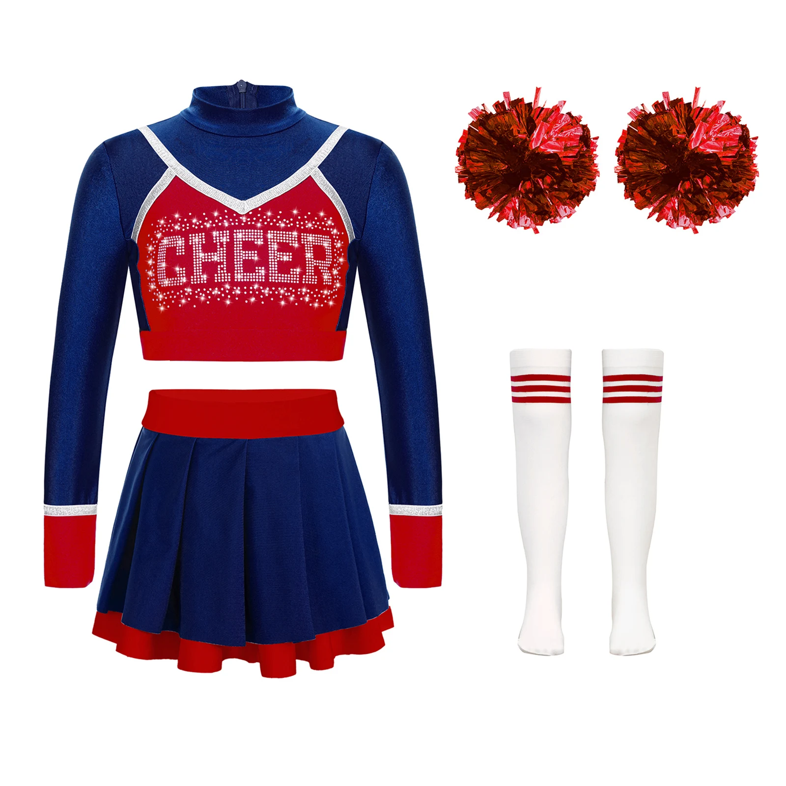 Kid Girls Cheerleading Uniform Cheerlead Dance Outfit Crop Top Pleated Skirt Flower Balls Socks for Cheering Team Dancewear Sets