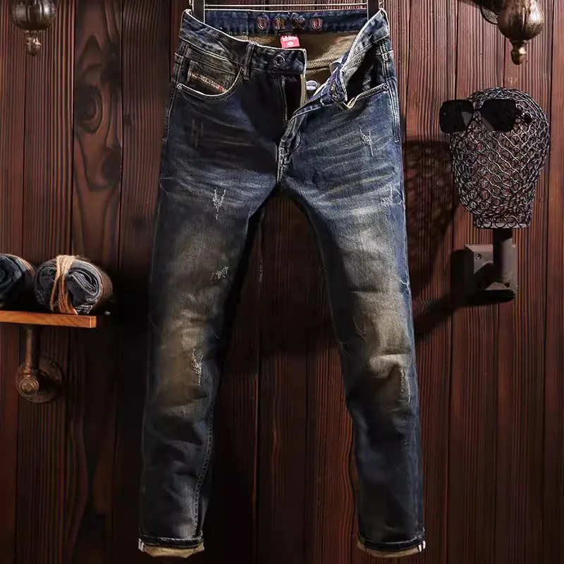 Street Fashion Men Jeans High Quality Retro Washed Blue Stretch Slim Fit Ripped Jeans Men Vintage Designer Denim Pants Hombre
