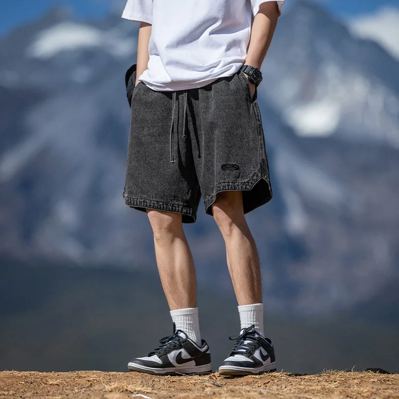 Distressed wash cargo denim shorts embroidered casual loose drawstring cropped streetwear pants