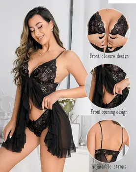 Set Camicia da Notte Trasparente in Pizzo, Pigiama con Chiusura Frontale, Lingerie Sexy, Camicia da Notte Romantica in Pizzo Floreale con Mutandine