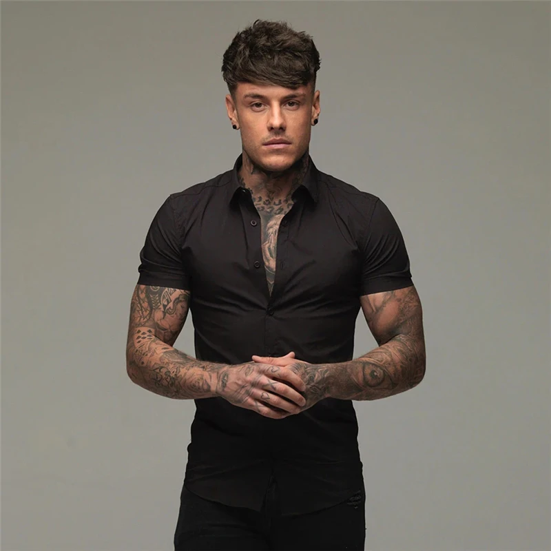 

Summer Fashion Slim Fit Button Short Sleeve Shirts Men Casual Sportswear Dress Shirt Male Hipster Shirts Tops Fitness Clothing